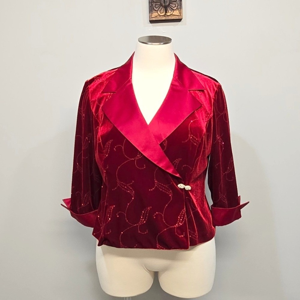 Vintage R&M Richards Velvet Jacket Plus Size 20W Red Glitter Holiday Formal Glam
